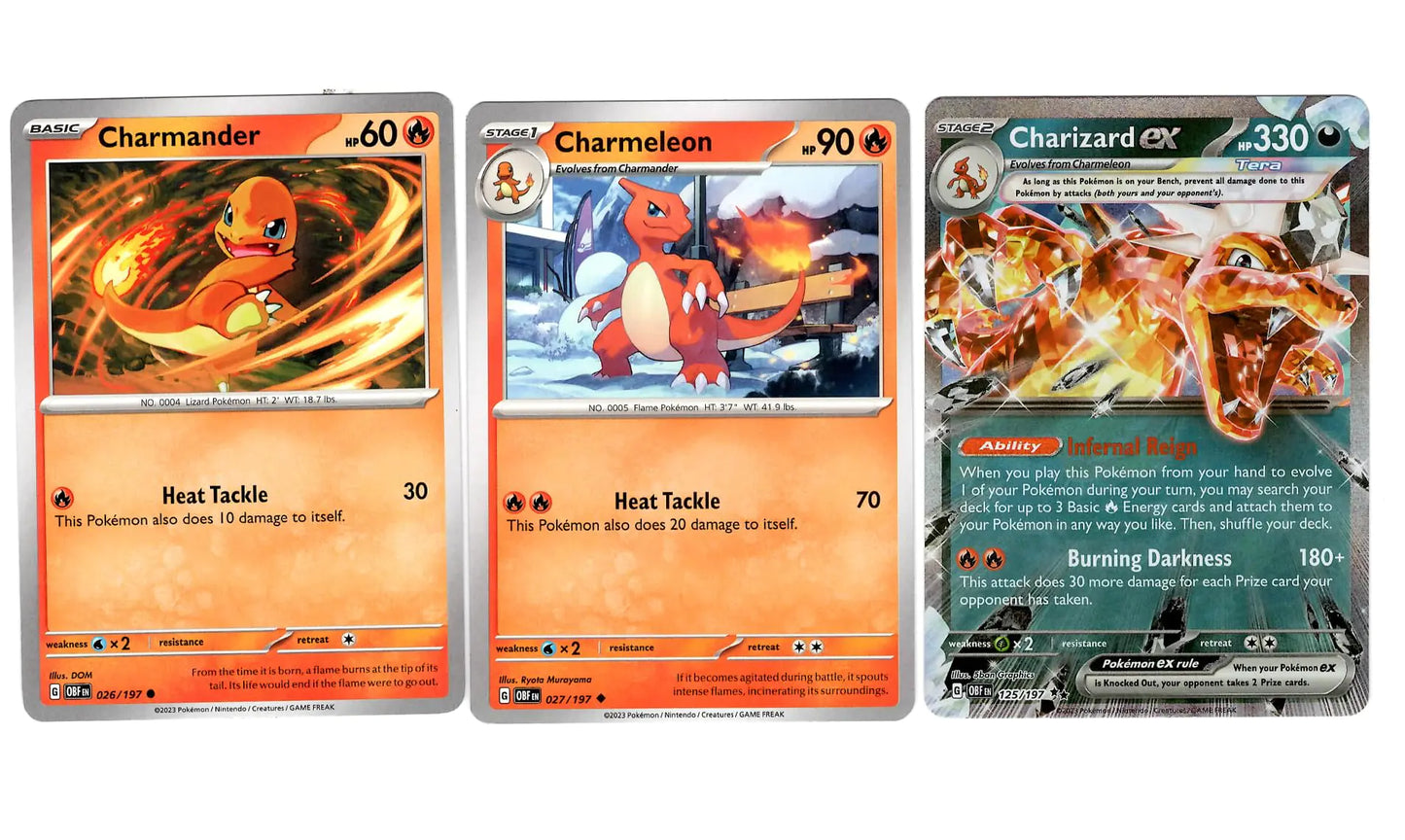 Charizard ex 125/197 Double Rare Tera - Obsidian Flames - Pokemon Evolution 3 Card Lot - Charmander Charmeleon