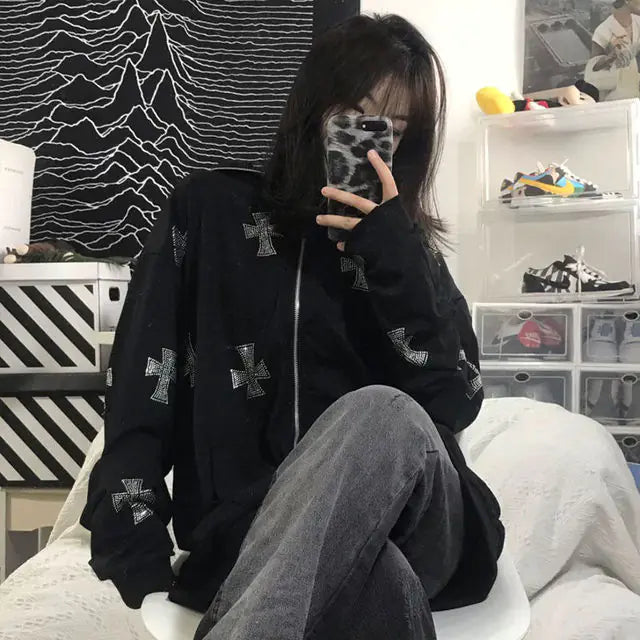 Skeleton Rhinestone Hoodie Full Zip Up Women Y2K Hooded Sweatshirts