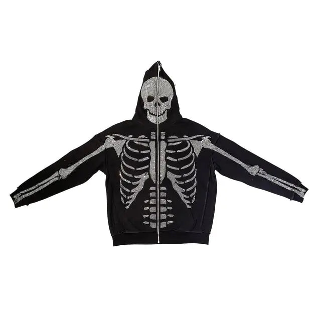 Skeleton Rhinestone Hoodie Full Zip Up Women Y2K Hooded Sweatshirts