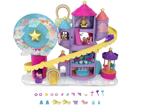 Polly Pocket Dolls & Playset Rainbow Funland Theme Park with 2 Unicorns Polly & Shani Dolls 25 Surprise Accessories