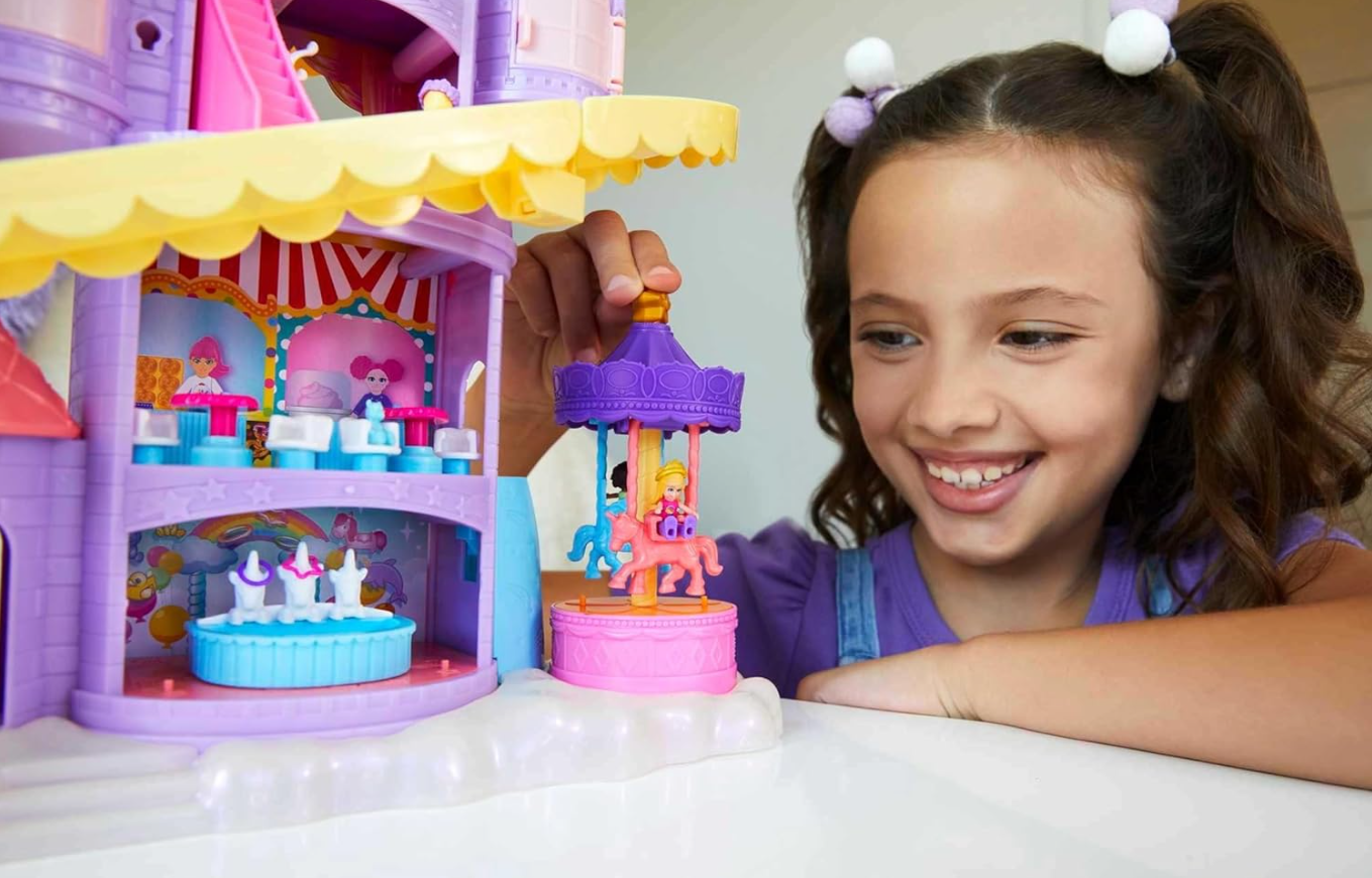 Polly Pocket Dolls & Playset Rainbow Funland Theme Park with 2 Unicorns Polly & Shani Dolls 25 Surprise Accessories