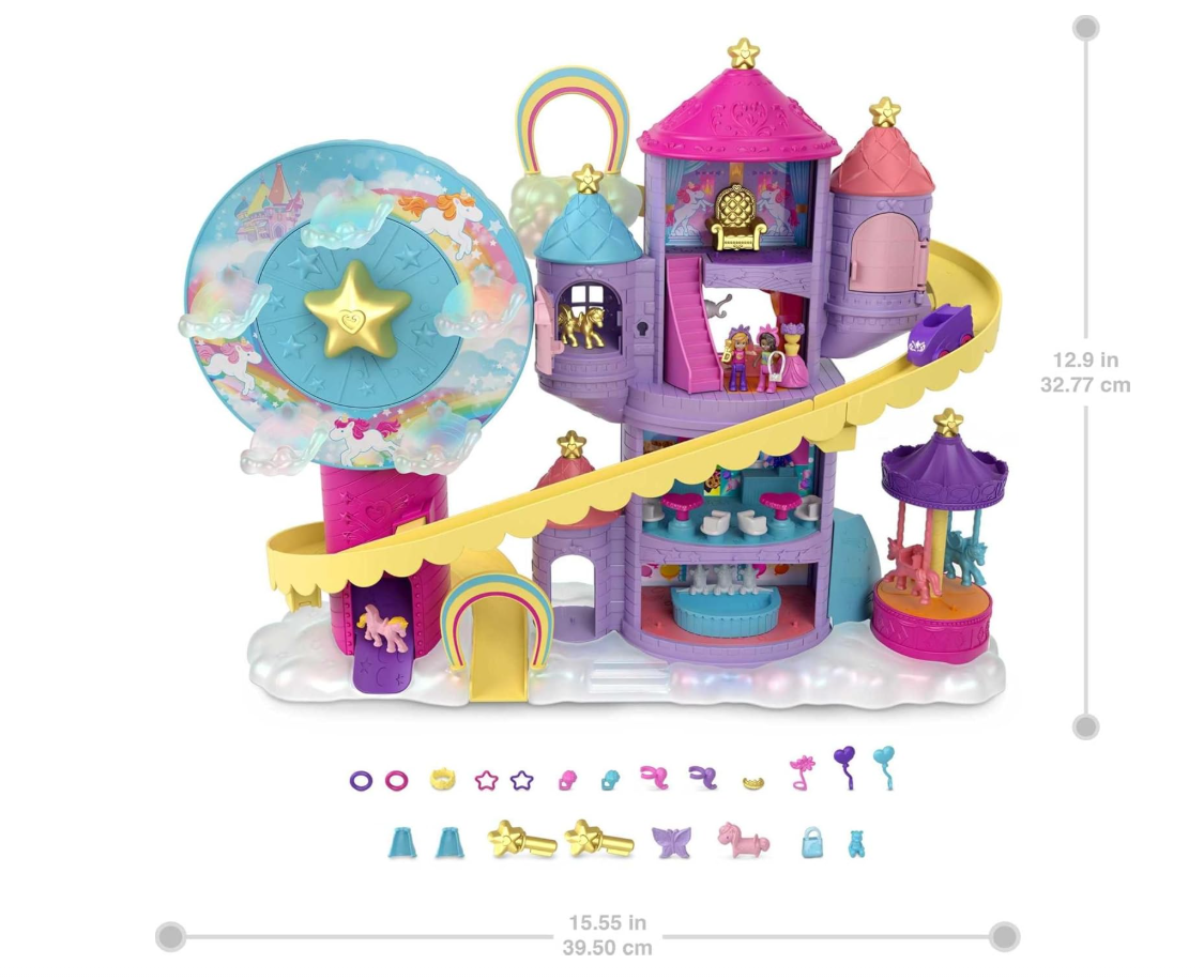 Polly Pocket Dolls & Playset Rainbow Funland Theme Park with 2 Unicorns Polly & Shani Dolls 25 Surprise Accessories