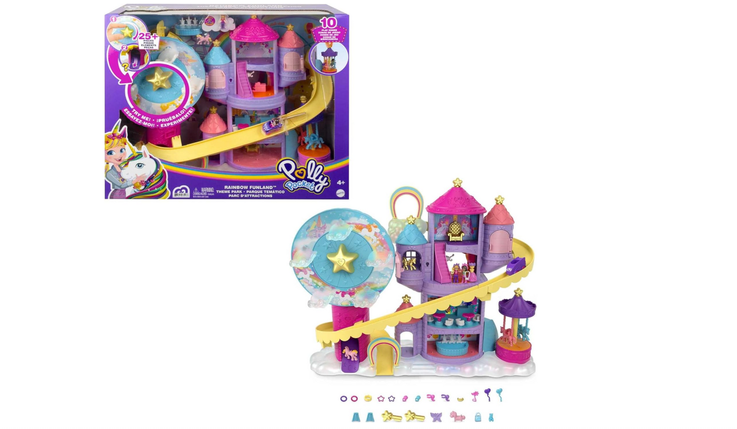 Polly Pocket Dolls & Playset Rainbow Funland Theme Park with 2 Unicorns Polly & Shani Dolls 25 Surprise Accessories