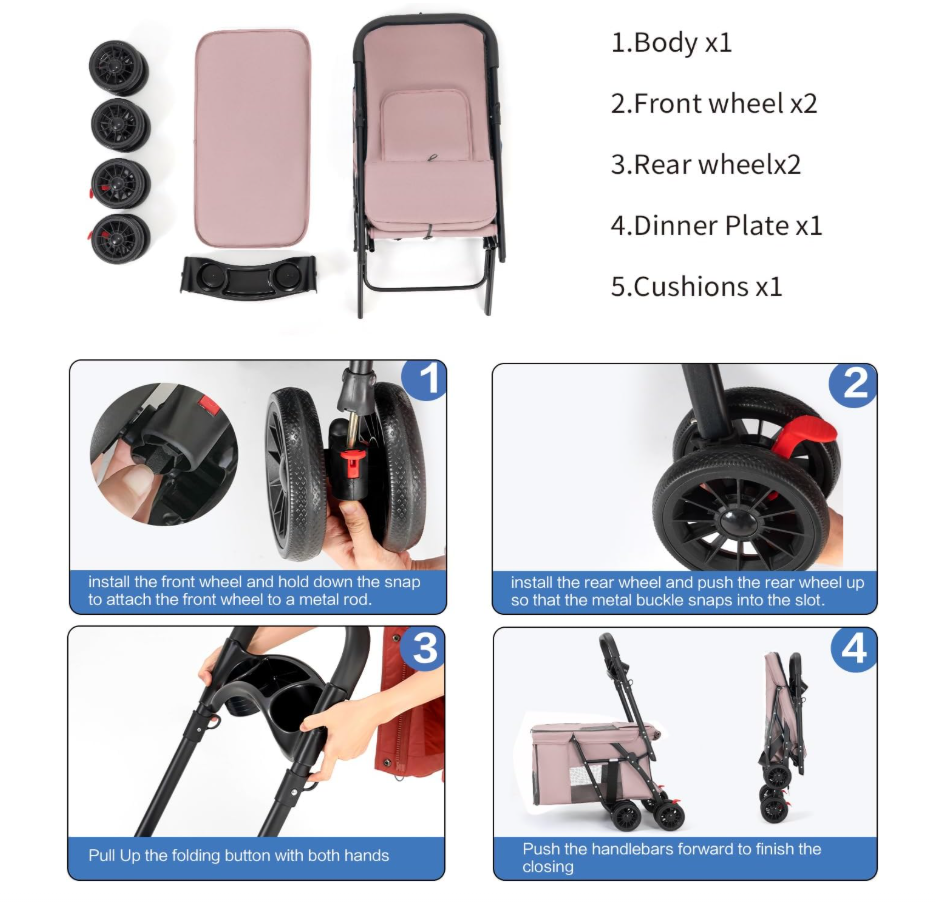 Pet Stroller Cat Dog Stroller Travel Folding Pet Carriers(Pink)
