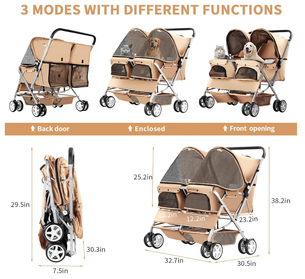 Double Pet Stroller Foldable Stroller for 2 Dogs & Cats