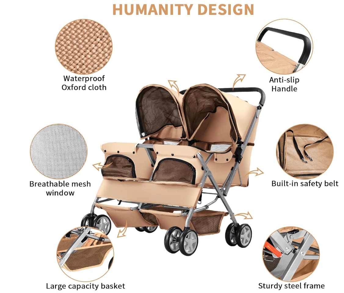 Double Pet Stroller Foldable Stroller for 2 Dogs & Cats