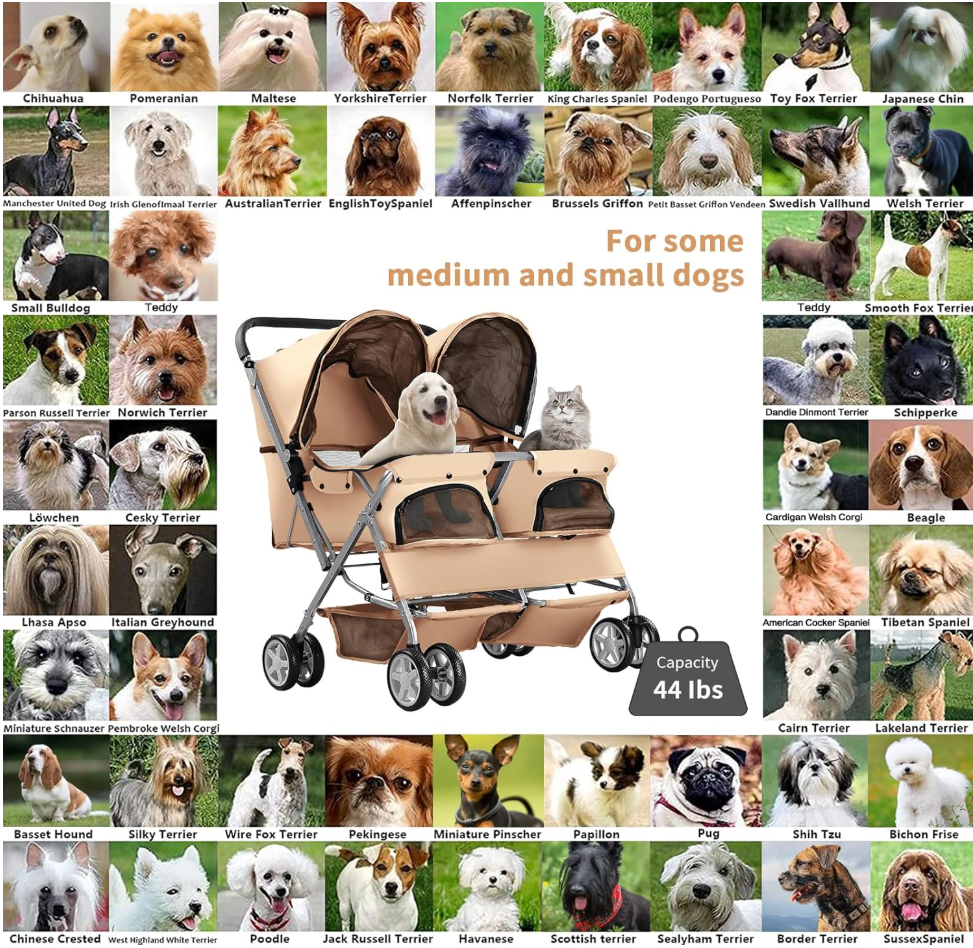 Double Pet Stroller Foldable Stroller for 2 Dogs & Cats