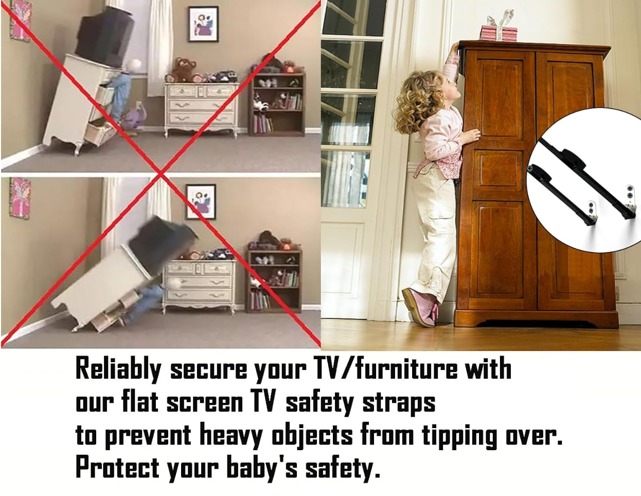 Adjustable Anti-tip TV Straps Safety for Flat Screen Heavy Duty Dual Cable Metal Anchor for Baby Proofing & Pet Protecting Anti-Tip TV and Furniture Anchor Straps kit 2 Straps