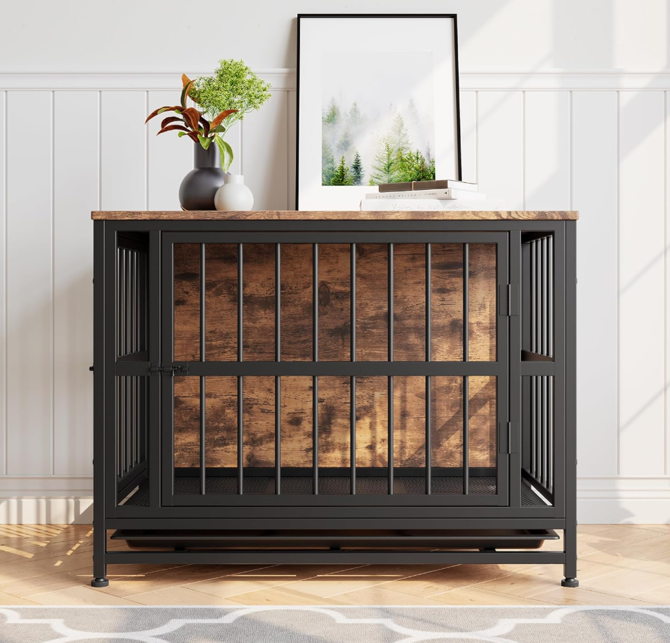 VECOCHO Dog Crate Furniture Heavy Duty Dog Cage for Large/Medium Dogs Wooden Dog Kennel IndoorDog House with Removable TrayDouble Doors Pet Crate Side End Table Chew-ResistantRustic Brown