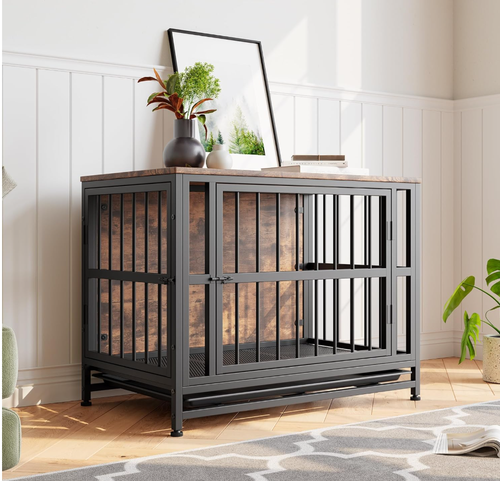 VECOCHO Dog Crate Furniture Heavy Duty Dog Cage for Large/Medium Dogs Wooden Dog Kennel IndoorDog House with Removable TrayDouble Doors Pet Crate Side End Table Chew-ResistantRustic Brown