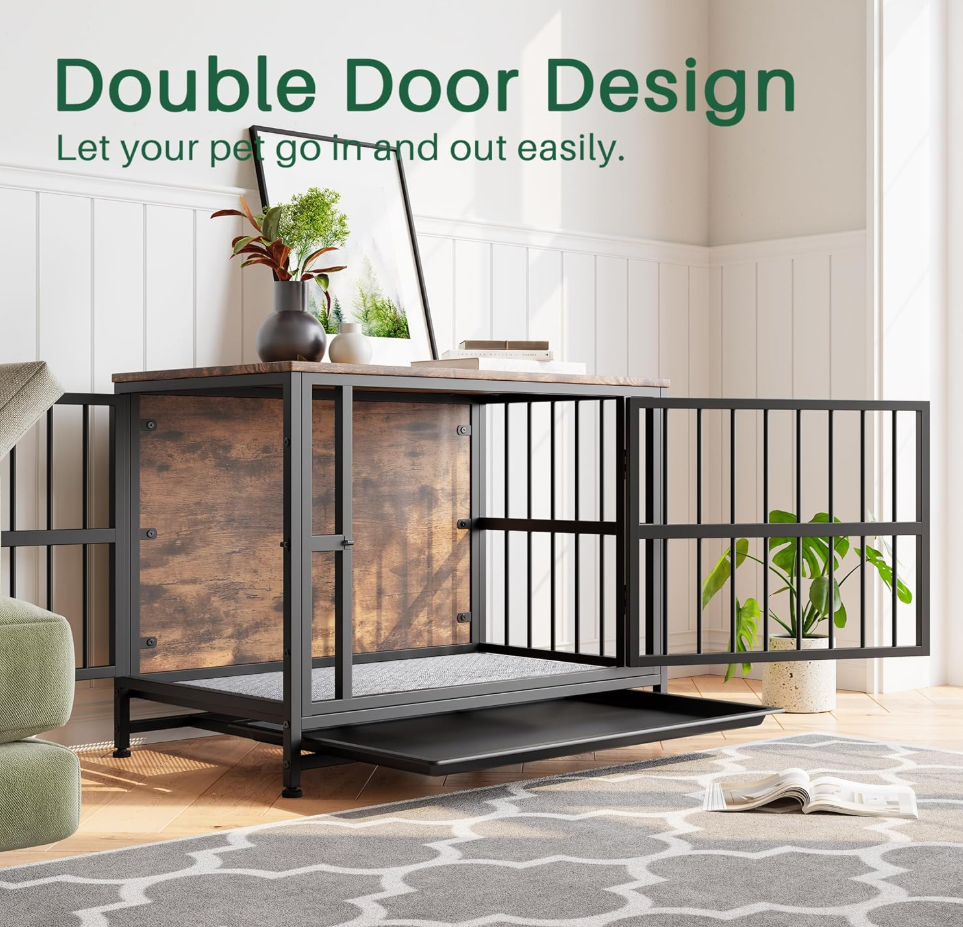 VECOCHO Dog Crate Furniture Heavy Duty Dog Cage for Large/Medium Dogs Wooden Dog Kennel IndoorDog House with Removable TrayDouble Doors Pet Crate Side End Table Chew-ResistantRustic Brown