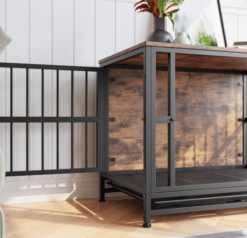 VECOCHO Dog Crate Furniture Heavy Duty Dog Cage for Large/Medium Dogs Wooden Dog Kennel IndoorDog House with Removable TrayDouble Doors Pet Crate Side End Table Chew-ResistantRustic Brown