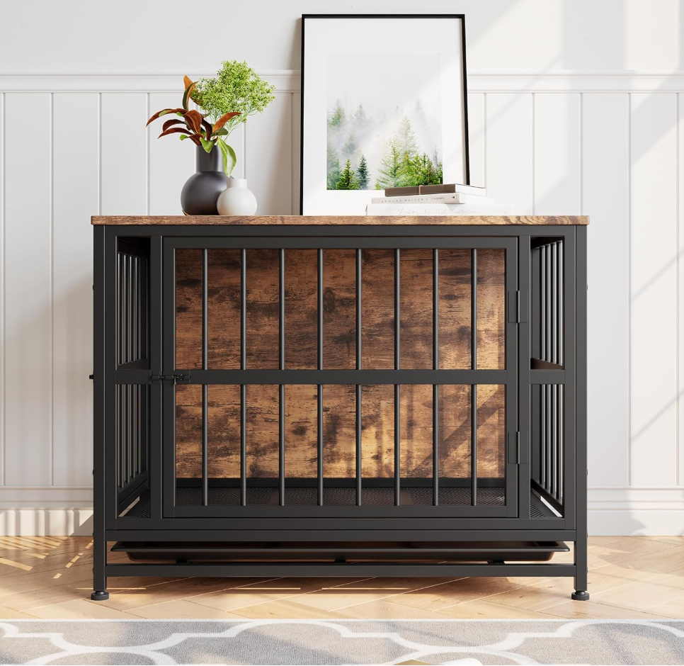 VECOCHO Dog Crate Furniture Heavy Duty Dog Cage for Large/Medium Dogs Wooden Dog Kennel IndoorDog House with Removable TrayDouble Doors Pet Crate Side End Table Chew-ResistantRustic Brown