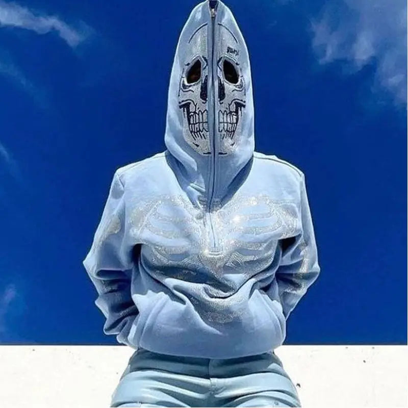 Skeleton Rhinestone Hoodie Full Zip Up Women Y2K Hooded Sweatshirts
