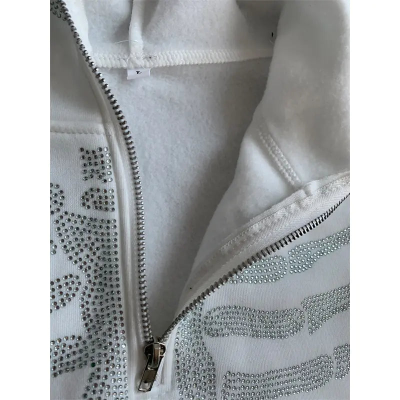 Skeleton Rhinestone Hoodie Full Zip Up Women Y2K Hooded Sweatshirts