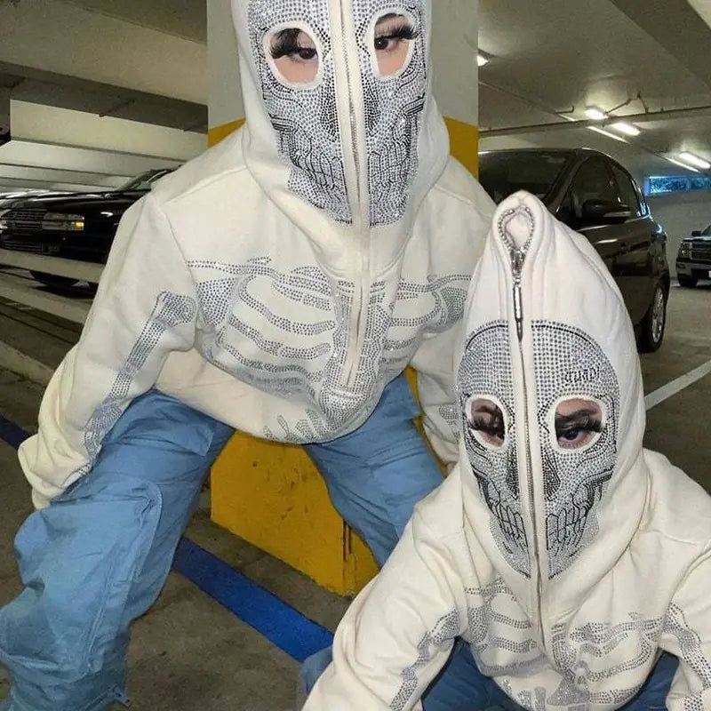 Skeleton Rhinestone Hoodie Full Zip Up Women Y2K Hooded Sweatshirts