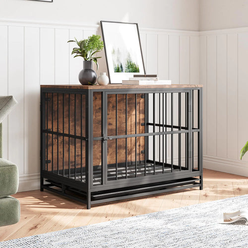 VECOCHO Dog Crate Furniture Heavy Duty Dog Cage for Large/Medium Dogs Wooden Dog Kennel IndoorDog House with Removable TrayDouble Doors Pet Crate Side End Table Chew-ResistantRustic Brown