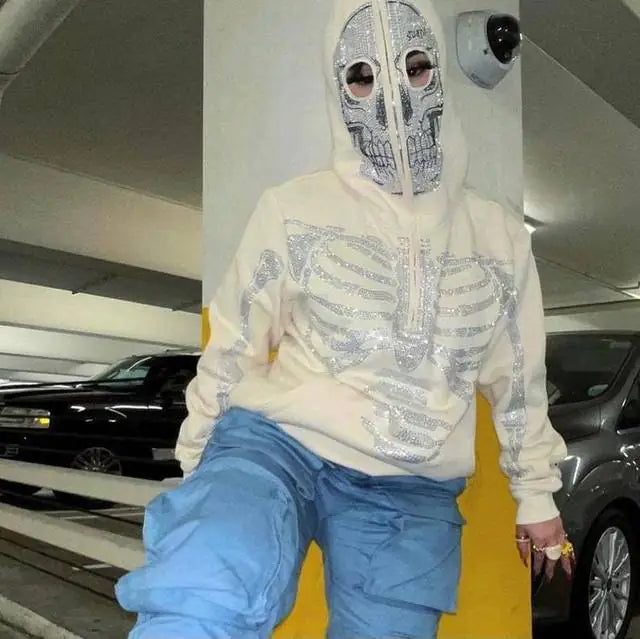 Skeleton Rhinestone Hoodie Full Zip Up Women Y2K Hooded Sweatshirts