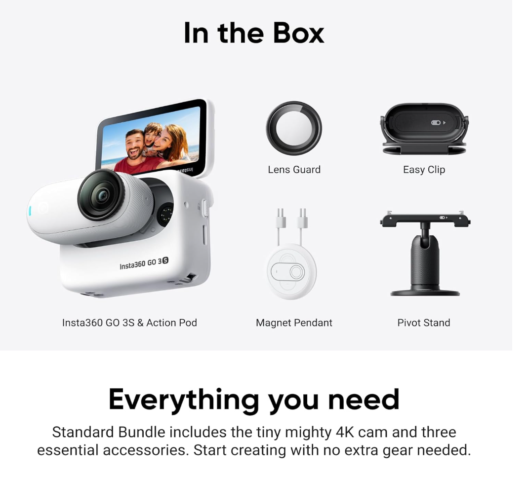 Insta360 GO 3S - 64 GB White 4K Tiny Portable Vlogging Camera Hands-Free POVs Mount Anywhere Stabilization 140 Min Battery Life 10m Waterproof Pet POV
